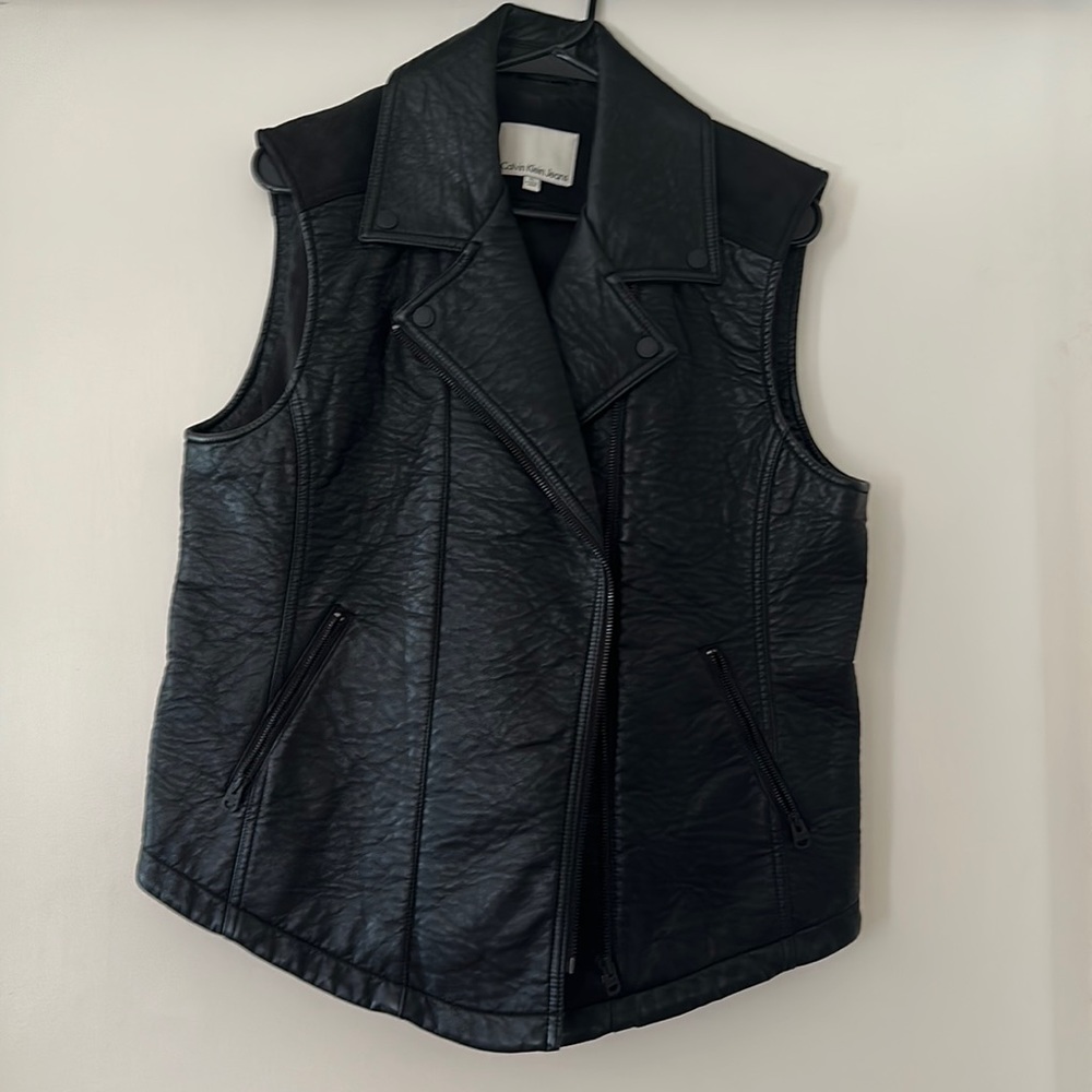 Calvin Klein black leather moto vest